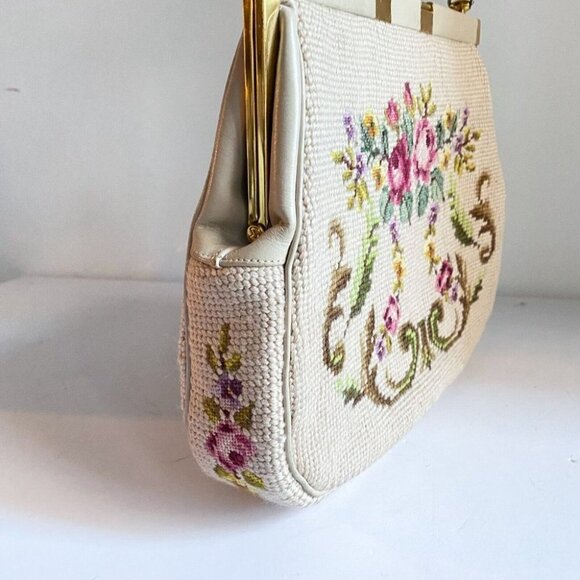 Vintage Ivory  Floral Needlepoint Pretty Cute Top Handle Bag - Picture 7 of 11
